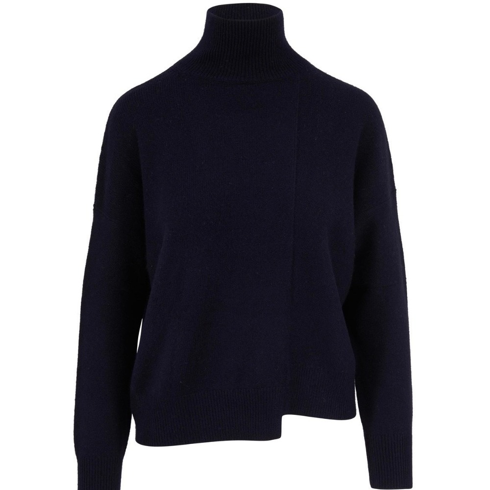 Vince Wool Cashmere Stepped Hem Mock Neck Sweater Navy Blue Size L Minimalist